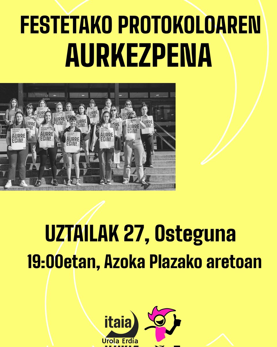 Itaia_urolaerdi's tweet photo. Festen testuinguruan, eraso matxistak areagotu eta normalizatu egiten dira. Eraso hauei erantzuteko helburuarekin, San Inazio Festetan erasoen aurkako protokoloa egongo da martxan.

Protokoloa, ostegun honetan aurkeztuko da. Arratsaldeko 19:00etan, Azoka Plazako aretoan. https://t.co/7O8tE64nF7