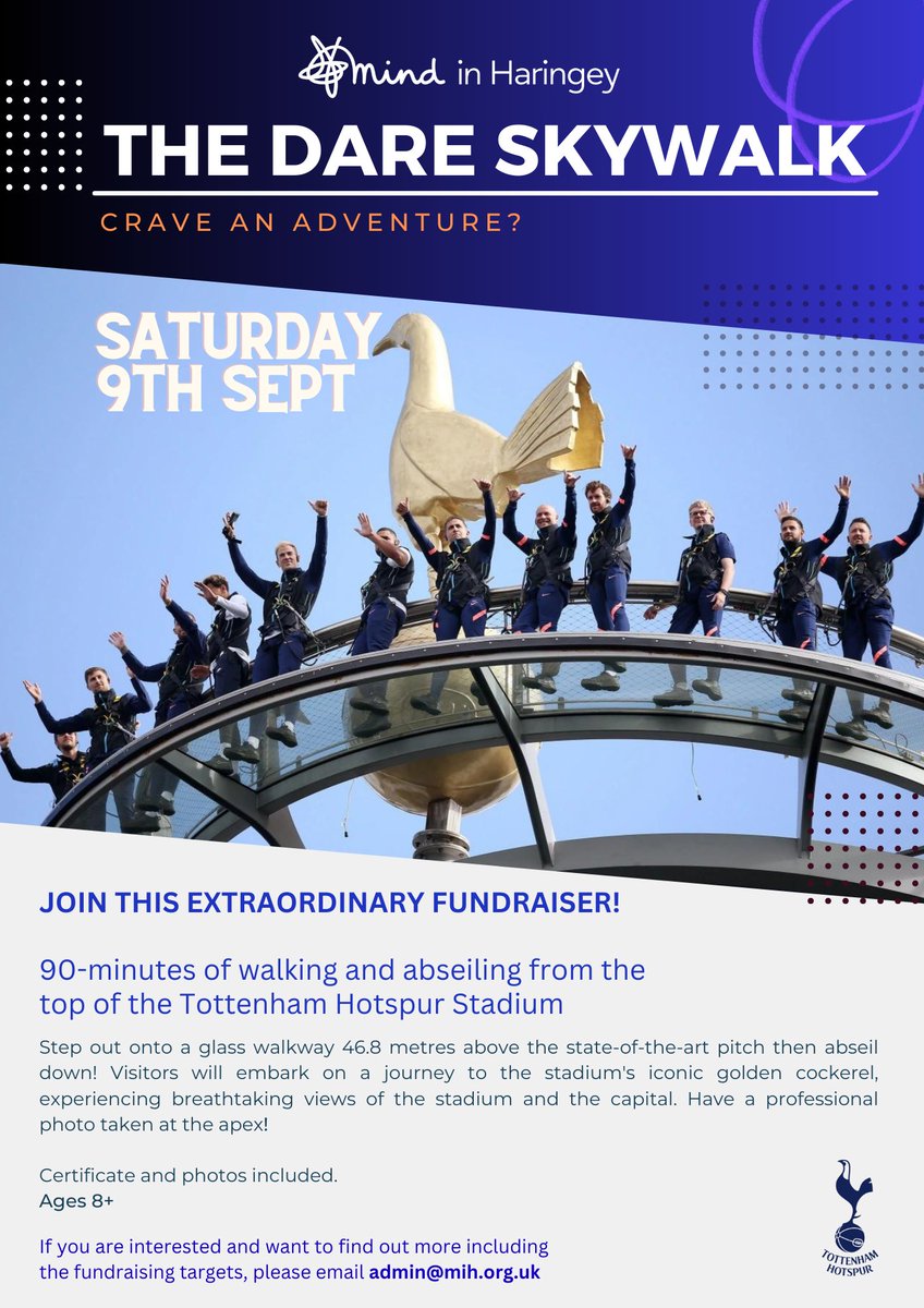 We have an adrenaline-filled exciting fundraiser to tell you about! After last year's great fun, Mind in Haringey have partnered with Spurs this year to put together an ambitious fundraising event at the Tottenham Stadium on the 9th of September 2023.
