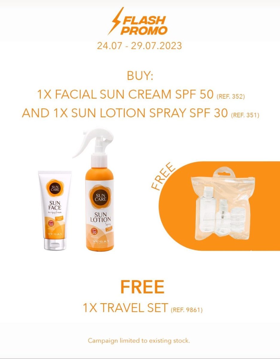 ⚡Flash Promo ⚡
Dal 24 al 29/07/2023
Face sun cream SPF 50 ( ref. 352) 
➕ 
Sun Lotion SPF 30 (Ref. 351)  
➕
in omaggio Travel Set ( Ref. 9861) 
➕
15% di sconto con questo codice ---> yYSmgBBQfZGBnK acquistando dal mio Eshop
#summershopoing #summerpromo
bit.ly/3q52QtF