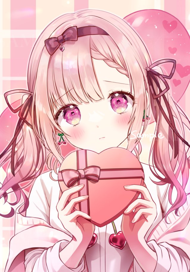 1girl solo pink hair twintails box valentine pink eyes  illustration images