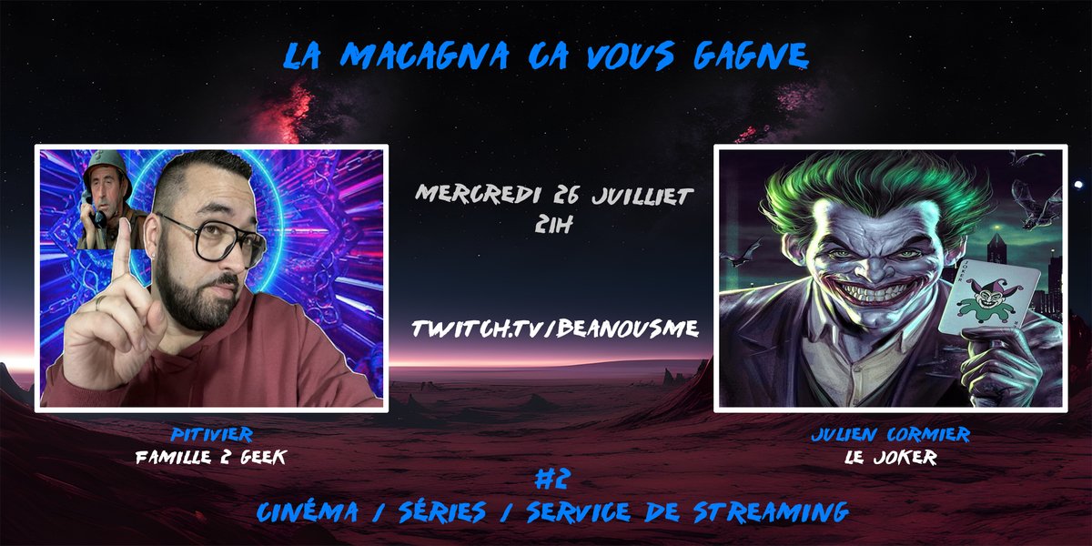 beanousme's tweet photo. Mercredi 21H sur #Twitch 
La macagna ça vous gagne épisdoe 2 :  émission cinéma, série &amp; service de streaming avec @pitivier062 @CormierJulien3 #TwitchFR #TwitchTV 

➡️https://t.co/y4BwpaYz1H https://t.co/41fKZTueOh