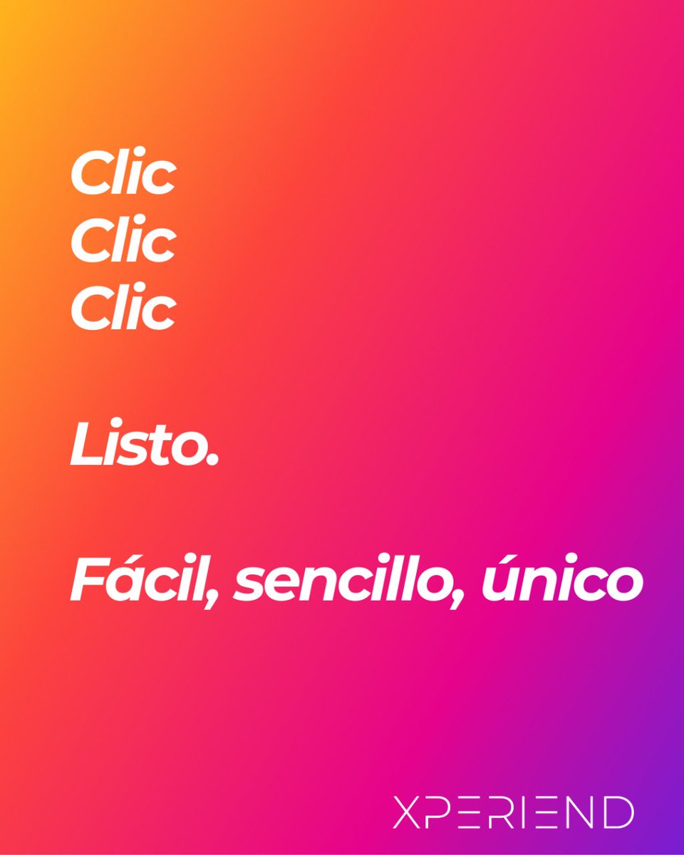 ¿Que cómo es XPERIEND? Te lo resumimos en tres palabras… Fácil, sencillo, único. Tres clics que marcarán la diferencia en tu cuenta bancaria 🚀

¿Quieres saber más? Escríbenos, no vamos a contarte qué hacemos si realmente no estás dispuesto a apostar 😌