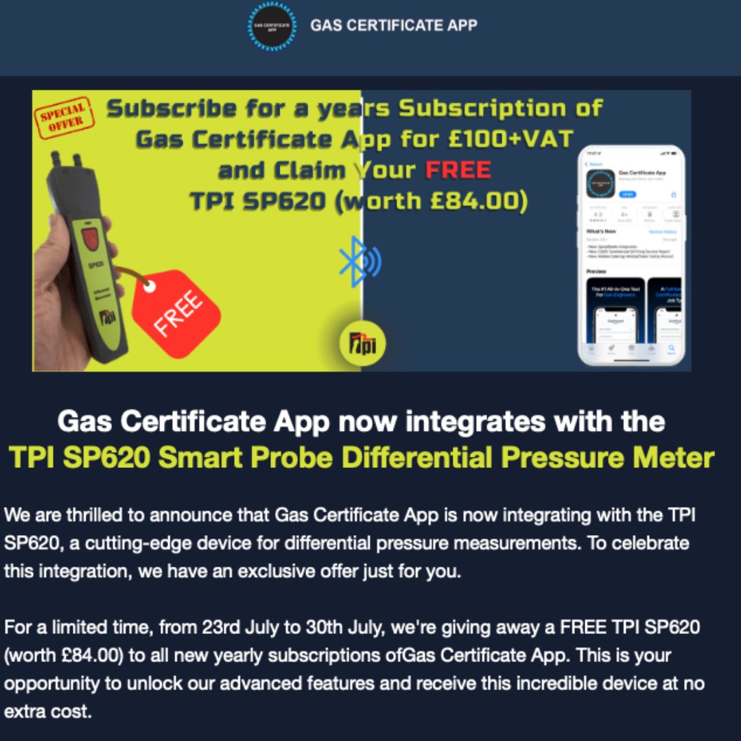 Don't miss out on the chance to grab @TPIEuropeLtd SP620 Smart Manometer from @gascertificateapp when you subscribe for a year. Boost your productivity, and streamline your business with their amazing app.
