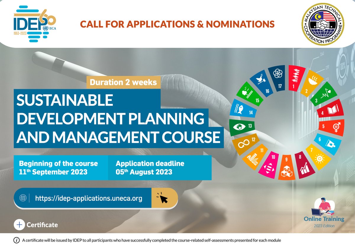 #Reminder Call For Applications

#OnlineTraining - Sustainable development planning and management course

💸Cost : Free
Registration 👉🏿 shorturl.at/crt39

#IDEPCourses #SDGs #GlobalGoals #ODD #ObjectifsMondiaux