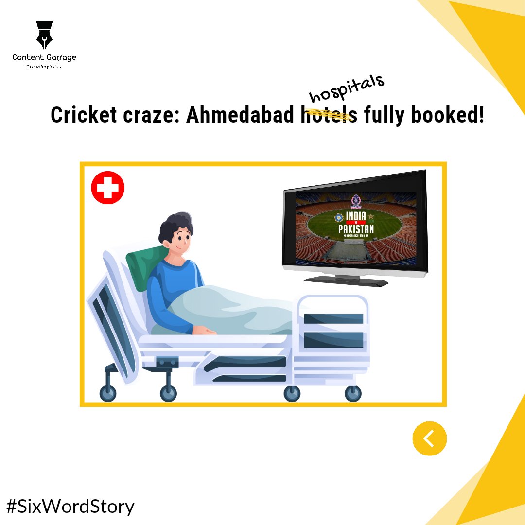 ContentGarrage's tweet photo. India vs Pak World Cup: Hospitals>Hotels๐ฅธ
Design: @lekinq_
#cg #contentgarrage #sixwordstory #ross #narendramodistadium #contentwriting #contentwritingagency #copywriting #content #ahmedabad #cricket #worldcup #indvspak #match #india #WorldCup2023 https://t.co/qUiiXl6gYI