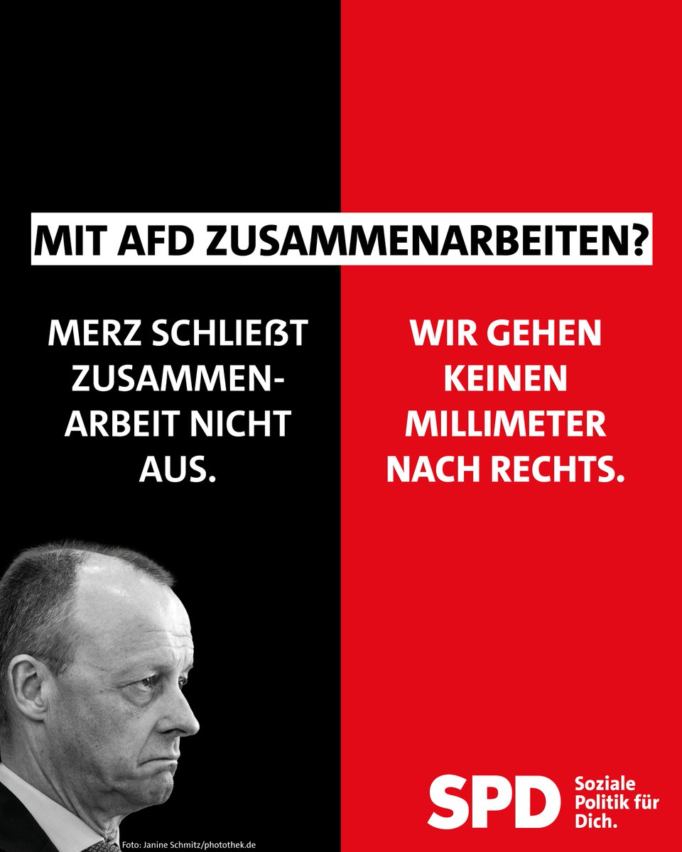 Friedrich Merz schließt er im ZDF-Sommerinterview eine Zusammenarbeit mit der #noAfD auf kommunaler Ebene nicht mehr aus.

Mit uns gibt es keine Zusammenarbeit mit der AfD.

Die SPD ist das älteste Bündnis gegen Rechts. Kämpfe mit uns gegen den Rechtsruck und trete in die SPD ein