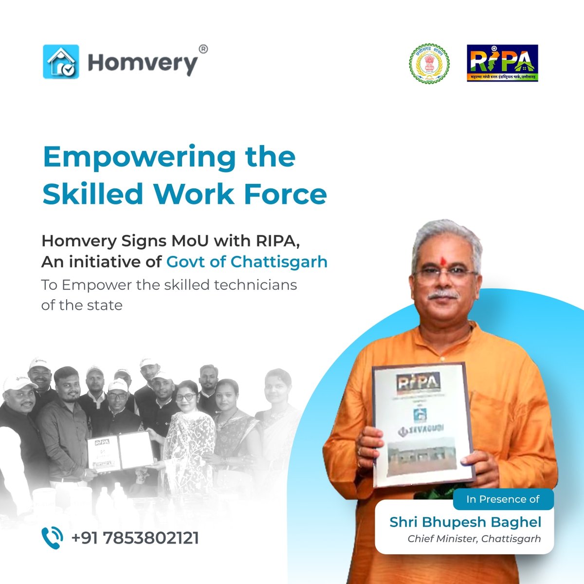 homvery's tweet photo. We are feeling proud to announce that, Homvery signed MoU with RIPA, A Govt of Chhattisgarh initiative in presence of Honourable CM of Chhattisgarh Shri Bhupesh Baghel to empower the skilled technicians and service providers of Chhattisgarh.
#Raipur #HomveryHaiNa https://t.co/AWzX66WGsj