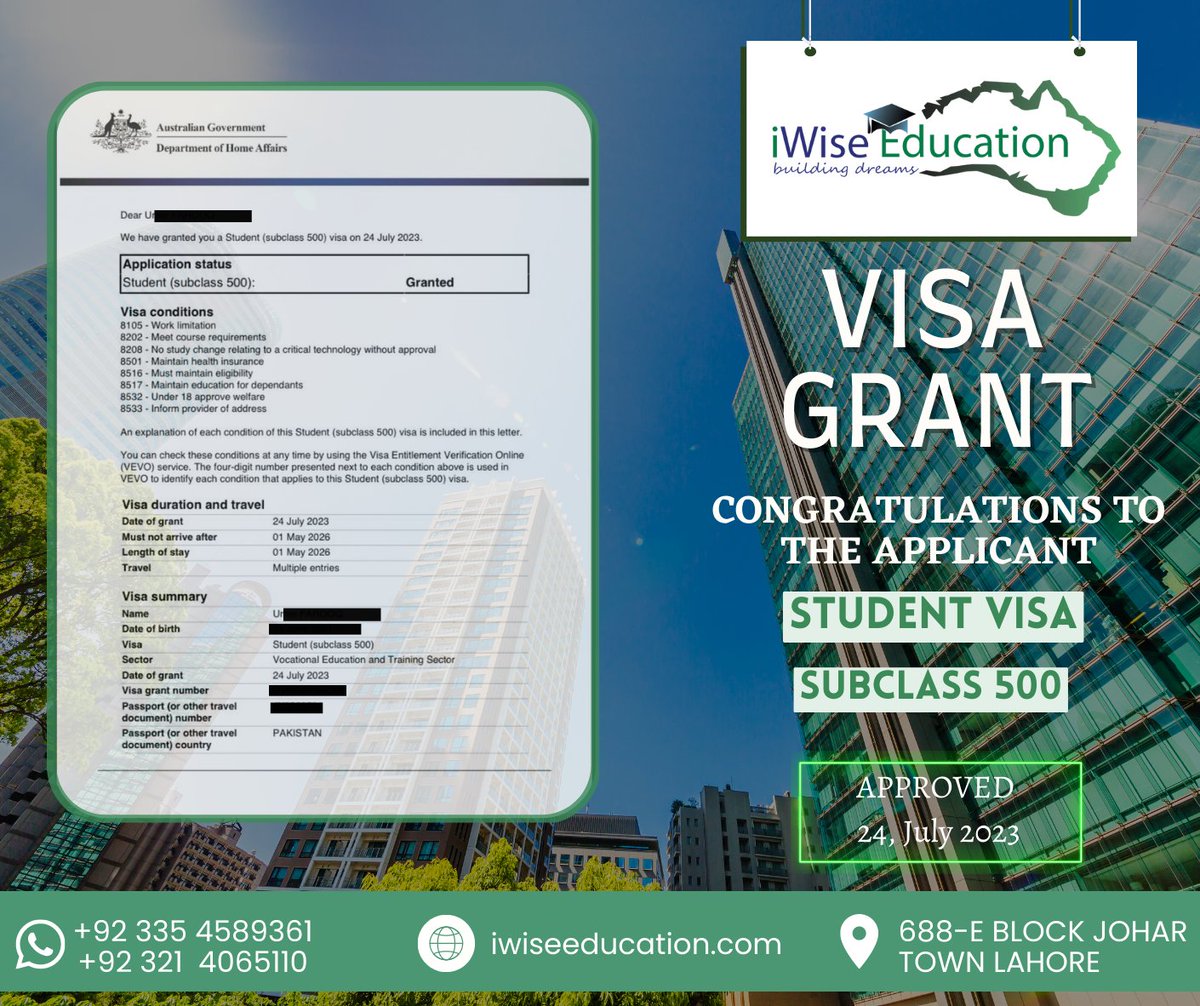 Congratulations to the applicant.
.
.
.
.
#studyvisa #studentsuccess #iwiseeducation #studyinaustralia #study #studybyiwise #studyaboard #VISA #visaconsultants #studyabroad2023