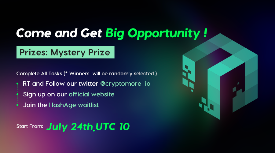 cryptomore_io's tweet photo. We will randomly select 2 winners every two weeks to receive a mystery prize until HashAge is launched!

⏰Start From July 24th.UTC 10

🏆: Mystery Prize [May need your address to send to you]

#cryptocurrency #mystery #Mining #WEB3 https://t.co/W4rs5oUvLK
