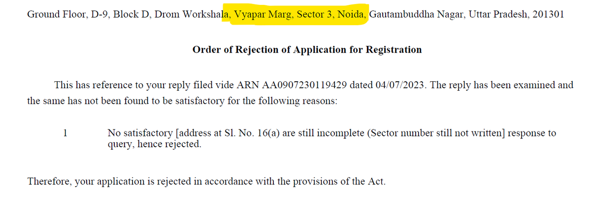CAJhaBK's tweet photo. Dear @cbic_india @Infosys_GSTN,

How it can be rejected due to sector no. is not mentioned in the address of principal place of business? where it is already showing in address at the top (highlighted portion) of the snap attached. Please Reply. https://t.co/2AGnsVj1BA