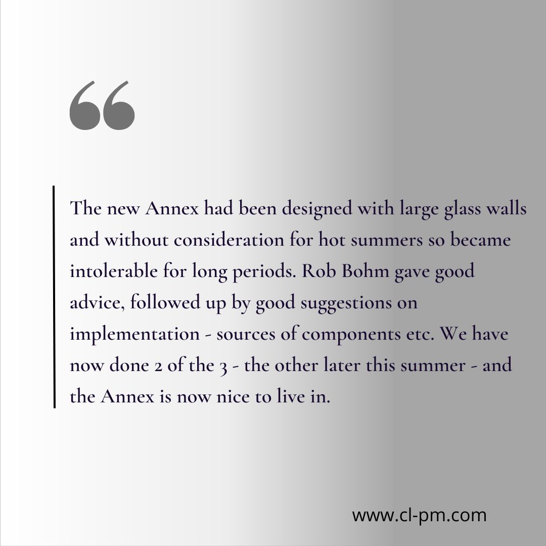 Nice to start the week with a lovely Google Review

We see many clients with cold rooms, inefficient heating systems or rooms designed with lots of glass but insufficient airflow &amp; insulation

info@cl-pm.com
01923 896550

#homeenergysurvey
#energyefficienthomes
#heatingconsultant