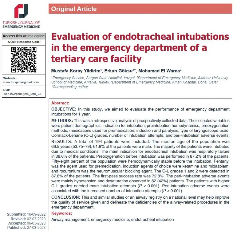 Article from 2023/2: Yildirim et al. Evaluation of endotracheal intubations in the emergency department of a tertiary care facility #TurkJEmergMed #FOAMed #MedEd #EmergencyMedicine #EvidenceBasedMedicine #OriginalArticle Full text: buff.ly/46Ng1A5