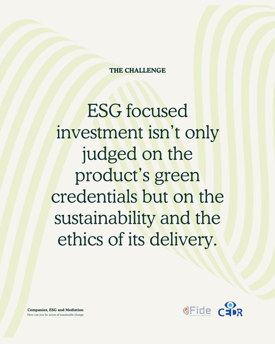 fide_fundacion's tweet photo. #ESG #investment isn’t only judged on the product’s green credentials but on the #sustainability and the ethics of its delivery

Measuring this can cause issues, and #mediation may be a solution

Mediation workshop by Fide and @cedrsays

More info at 👉 https://t.co/ptCBKi1cIq https://t.co/LSGHnXYAdT