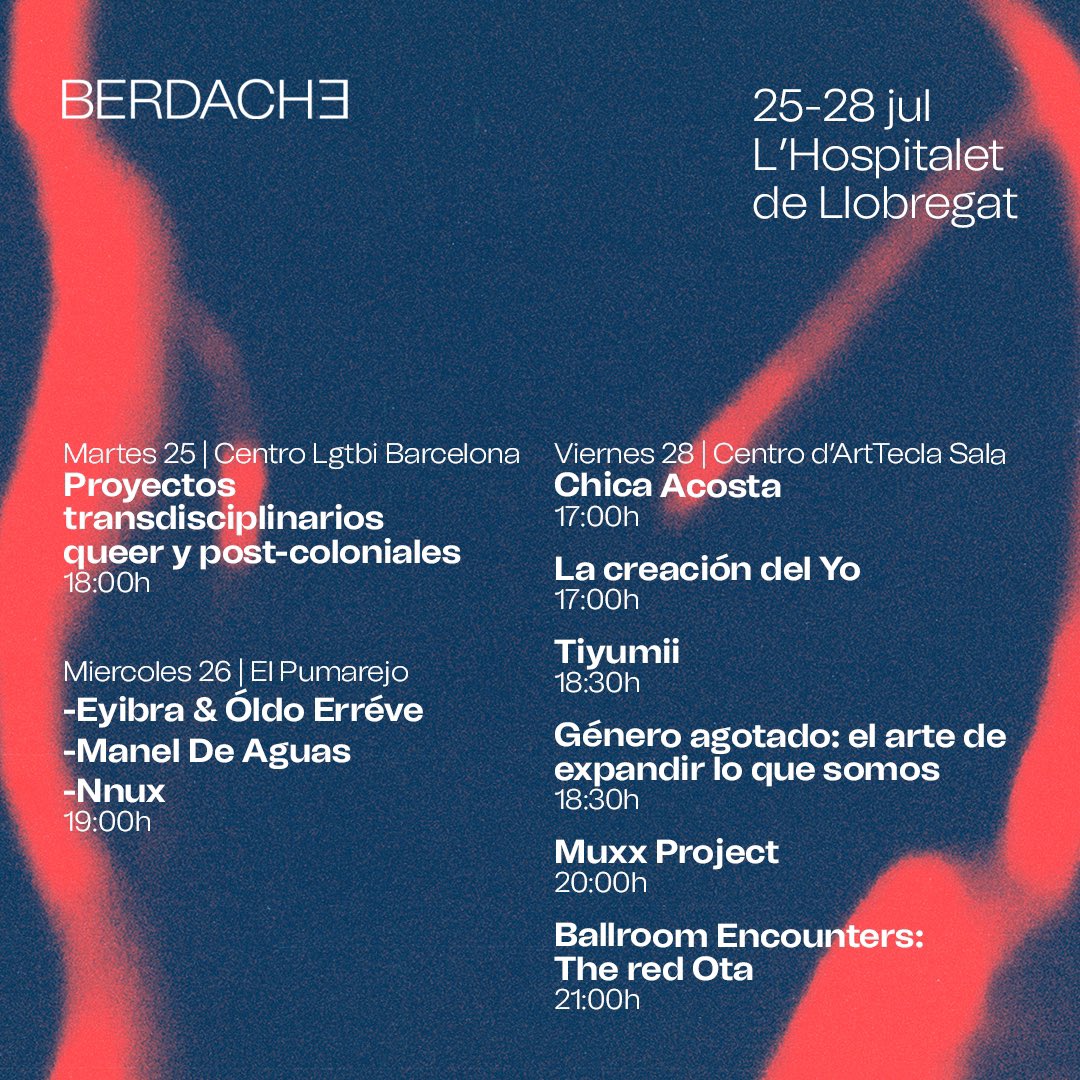 💥 El Festival Berdache <a href="/Berdachefest/">Berdache Festival</a> torna a #LHospitalet! 

👉 Del 25 al 28/07, amb una programació per parlar de diversitat de gènere a través de les arts visuals i escèniques. 

🔗 Consulta el programa: berdache.es

#DistricteCulturalLH #CulturaLH