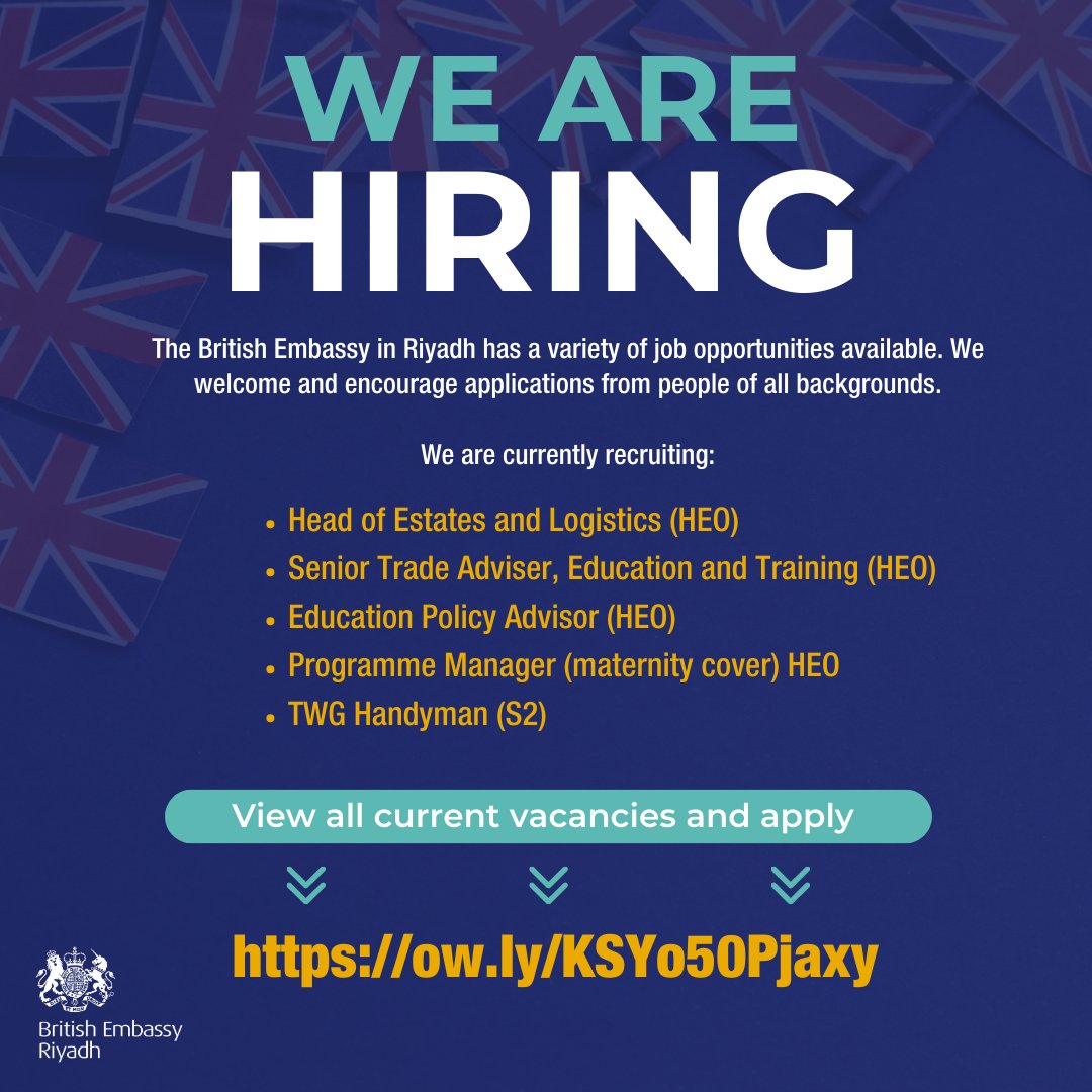 Looking for work?

The British Embassy in Riyadh offers an attractive working environment, professional development opportunities and roles across a number of sectors and skill sets.  See the current jobs we have on offer and apply online:

ow.ly/KSYo50Pjaxy