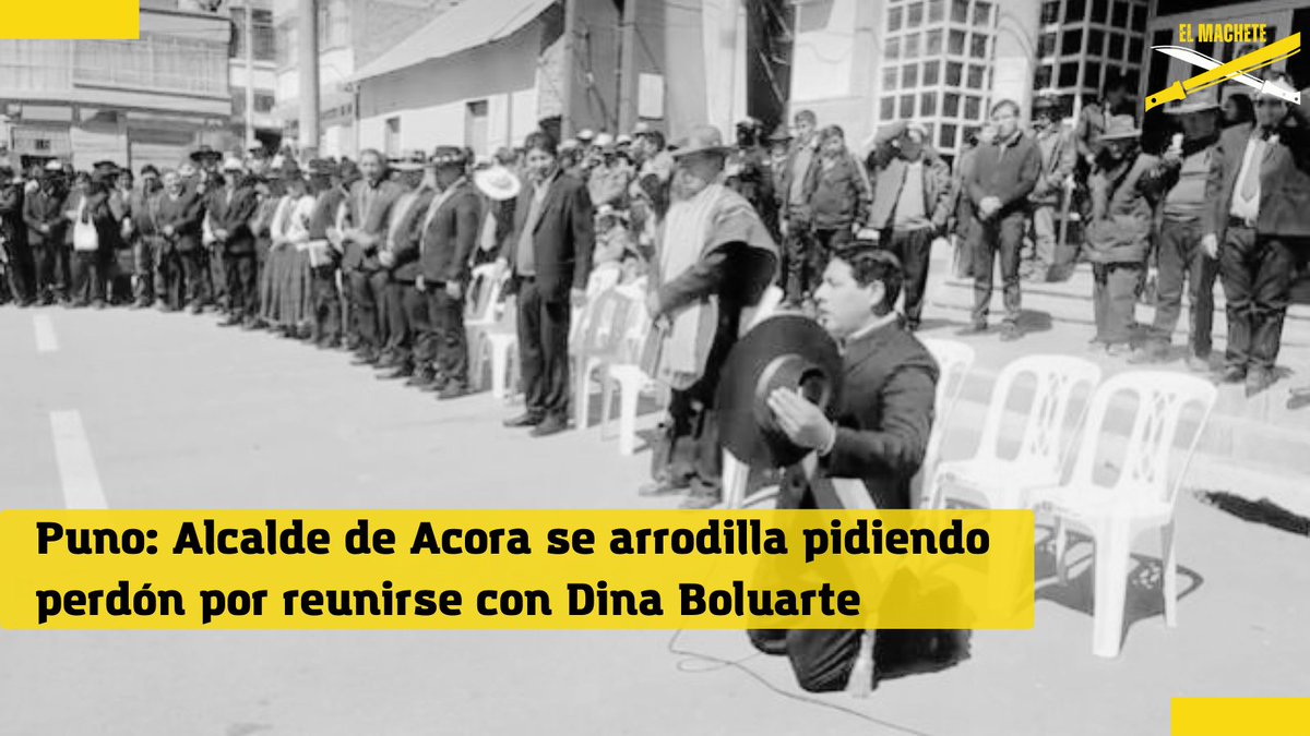 PeruMachete's tweet photo. El alcalde del distrito de #Acora, de la región de #Puno, #HernánCrisisto, se arrodilló pidiendo perdón a los ciudadanos de su jurisdicción por su reunión con la presidenta #DinaBoluarte y otros otras autoridades del poder Ejecutivo >>> https://t.co/8SH3IJMnEI https://t.co/aMyRoE7u6I