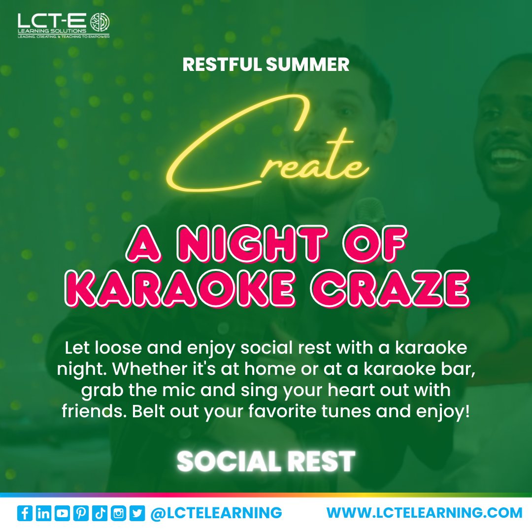 lctelearning's tweet image. 🎤 Karaoke Craze! 🎶

Share a song you'd rock at karaoke in the comments below! 

Register to get your rest resources for the challenge: lctechallenge.com.
 
#SocialRest #RestfulTeacher #RestfulTeacherChallenge #31DayRestChallenge #TeacherWellbeing