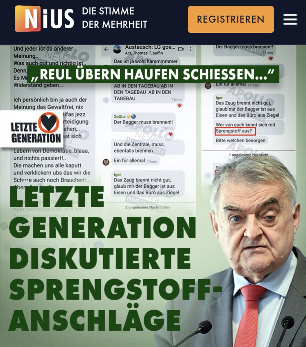 jreichelt's tweet photo. Dramatische Enthüllung! Letzte Generation wollte Sprengstoff beschaffen, plante Anschläge und diskutierte, warum noch niemand Reul "über den Haufen geschossen hat." All das belegen interne Chats. #LastGenFiles https://t.co/7Lvee1lXYt https://t.co/DykVIutcZQ