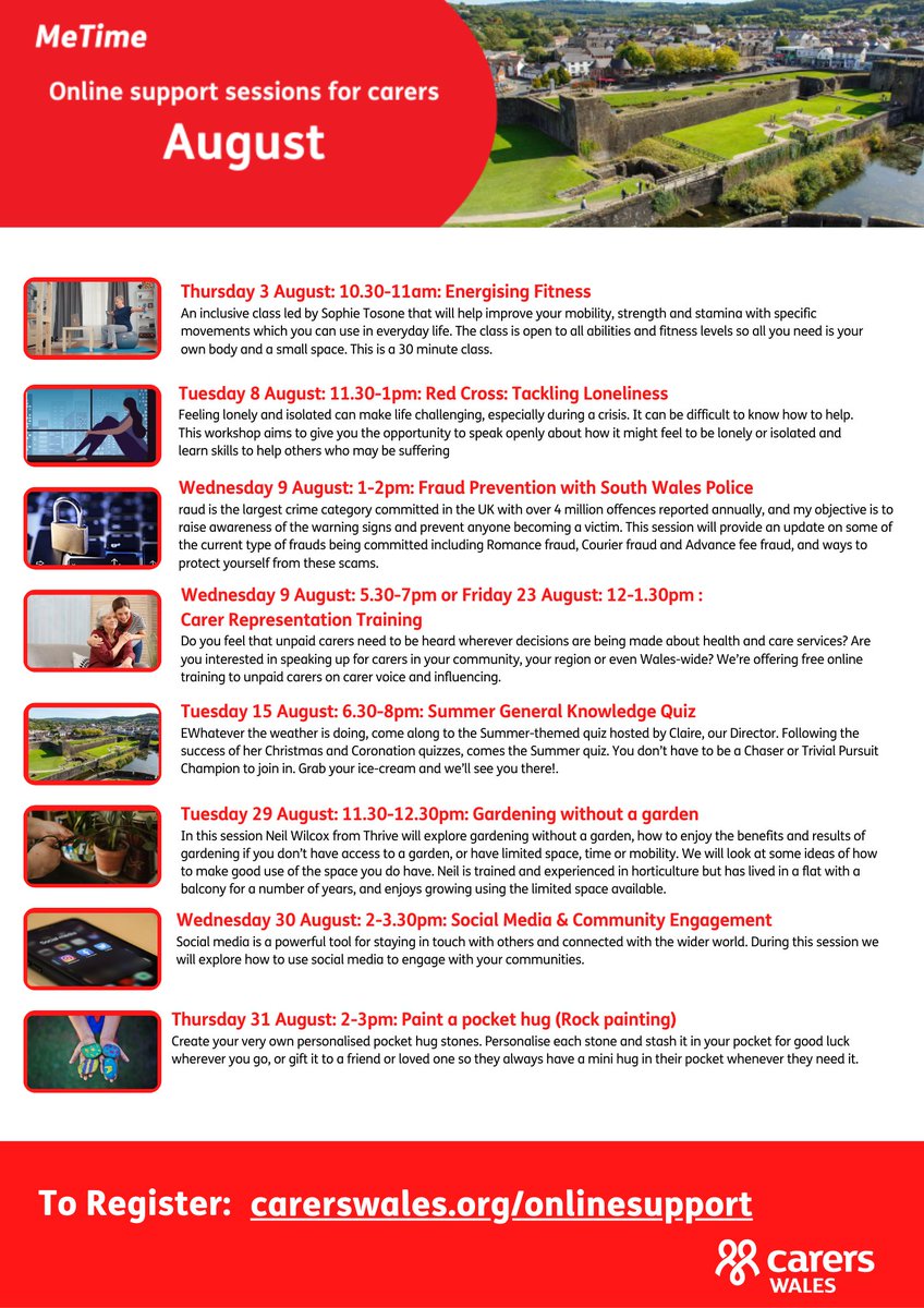 We're running more online support sessions this #August from 'Fraud prevention with <a href="/swpolice/">South Wales Police</a>' to  'gardening without a garden'.

See the full month below and sign up here: carersuk.org/wales/help-and…