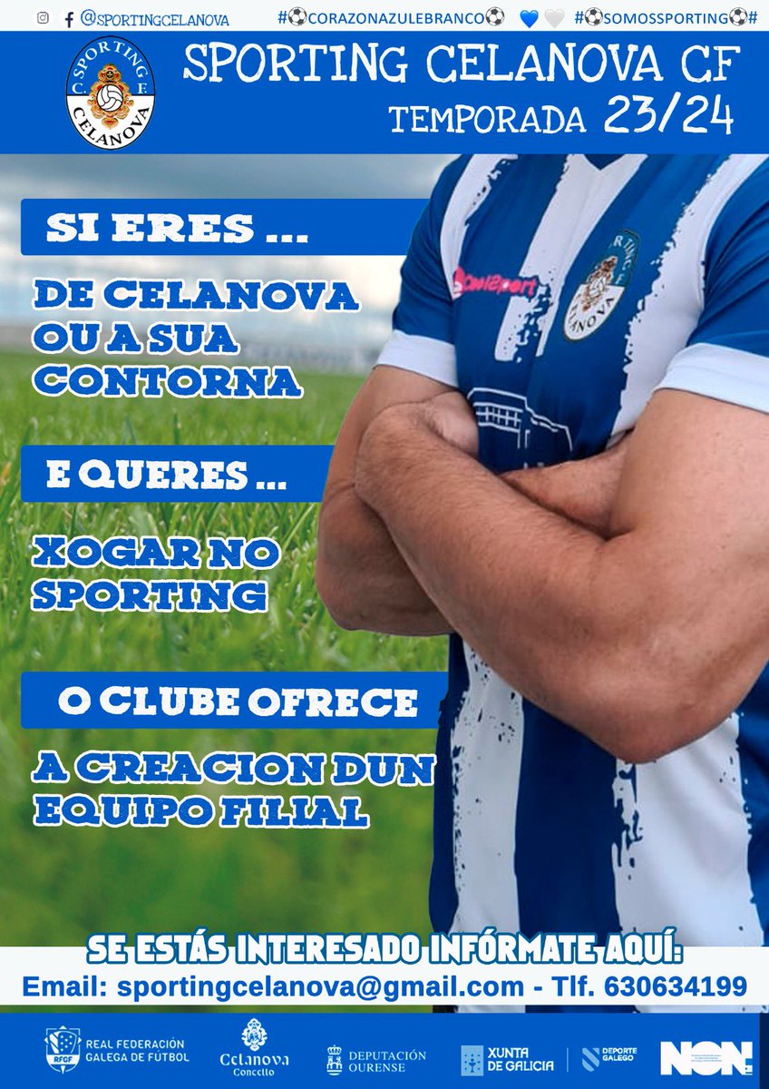Sportcelanova's tweet photo. ⚽️ Si eres de Celanova ou da súa contorna e queres xogar no Sporting, o clube ofrece a posibilidade de facelo coa creación dun equipo filial.
Contacta con nos por  📱 ou vía  📧 e infórmate 
#Sporting2324
# ⚽️corazónazulebranco⚽️ https://t.co/vuBg8RFyHG