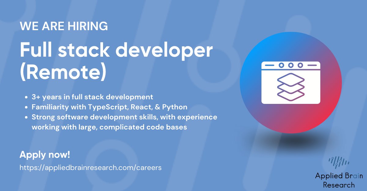 𝐀𝐩𝐩𝐥𝐢𝐞𝐝 𝐁𝐫𝐚𝐢𝐧 𝐑𝐞𝐬𝐞𝐚𝐫𝐜𝐡 𝐢𝐬 𝐇𝐢𝐫𝐢𝐧𝐠! 🌐

𝐒𝐞𝐞𝐤𝐢𝐧𝐠: 𝐅𝐮𝐥𝐥 𝐒𝐭𝐚𝐜𝐤 𝐃𝐞𝐯𝐞𝐥𝐨𝐩𝐞𝐫

#Hiring #FullStackDeveloper #JoinOurTeam

Passionate about AI and looking for a new challenge? We'd love to hear from you!
appliedbrainresearch.com/careers?jobId=…