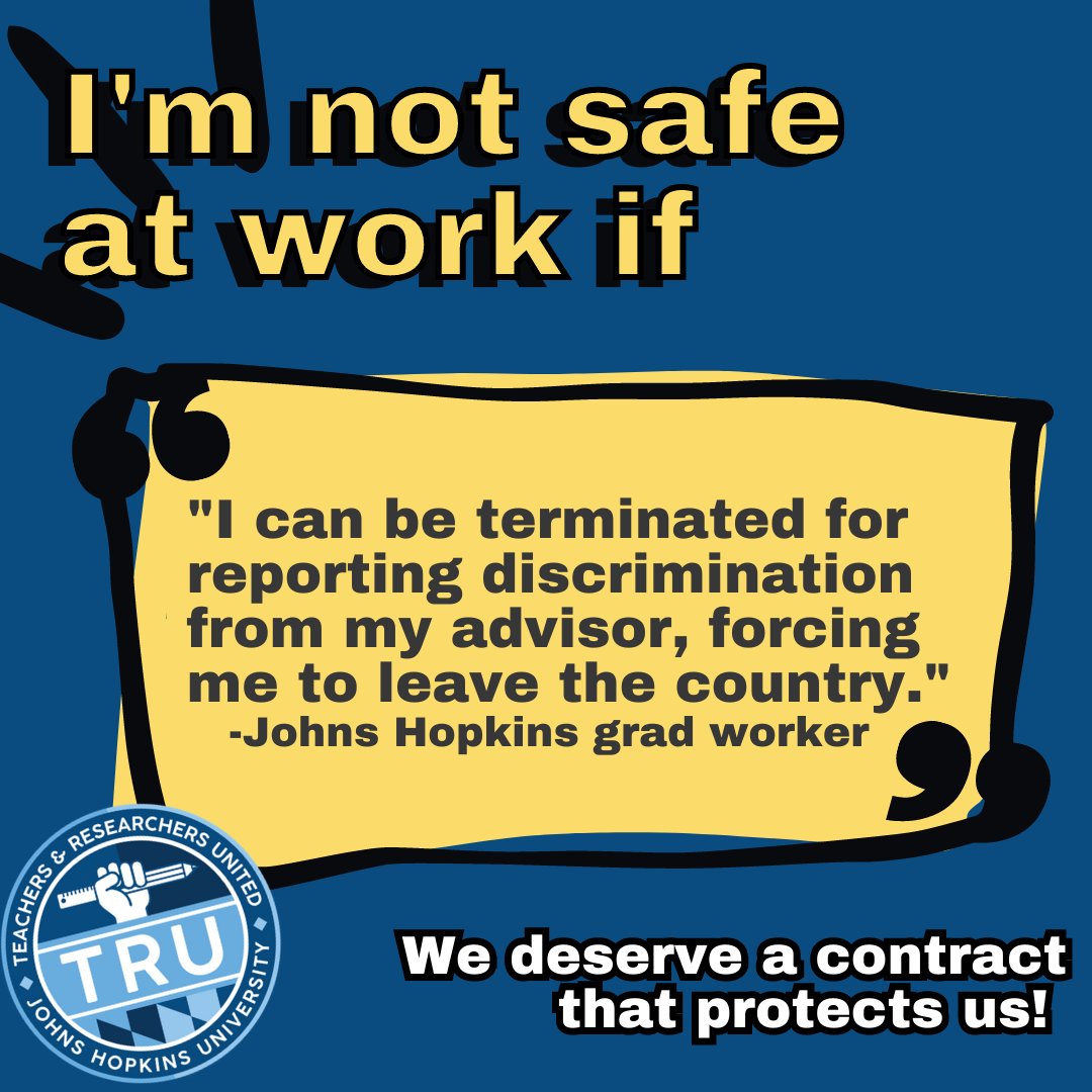 <a href="/JohnsHopkins/">Johns Hopkins University</a> says that termination, discrimination, and sexual assault are academic matters and don’t deserve protections in a contract. We demand better. #NotSafeatJHU #MyRightsMyContract