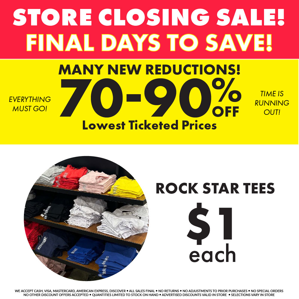 MANY NEW REDUCTIONS!!

Now save 70-90% off everything at EbLens!! Plus, grab a Rock Star tee for only $1! This sale won't last much longer! 

Find your location here: bit.ly/3P39ACh