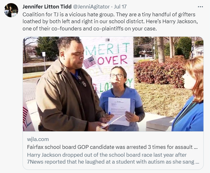 v_theclash's tweet photo. @PacificLegal I spy with my little eye #CoalitionForTJ leaders who have attacked Fairfax County students, parents, teachers, &amp; leaders. For example, do you really want to amplify #HarryJackson who is known for abusive behavior, racist memes, and antisemitic connections? https://t.co/Y3mHh5vt0C https://t.co/nxpUSvQPsE