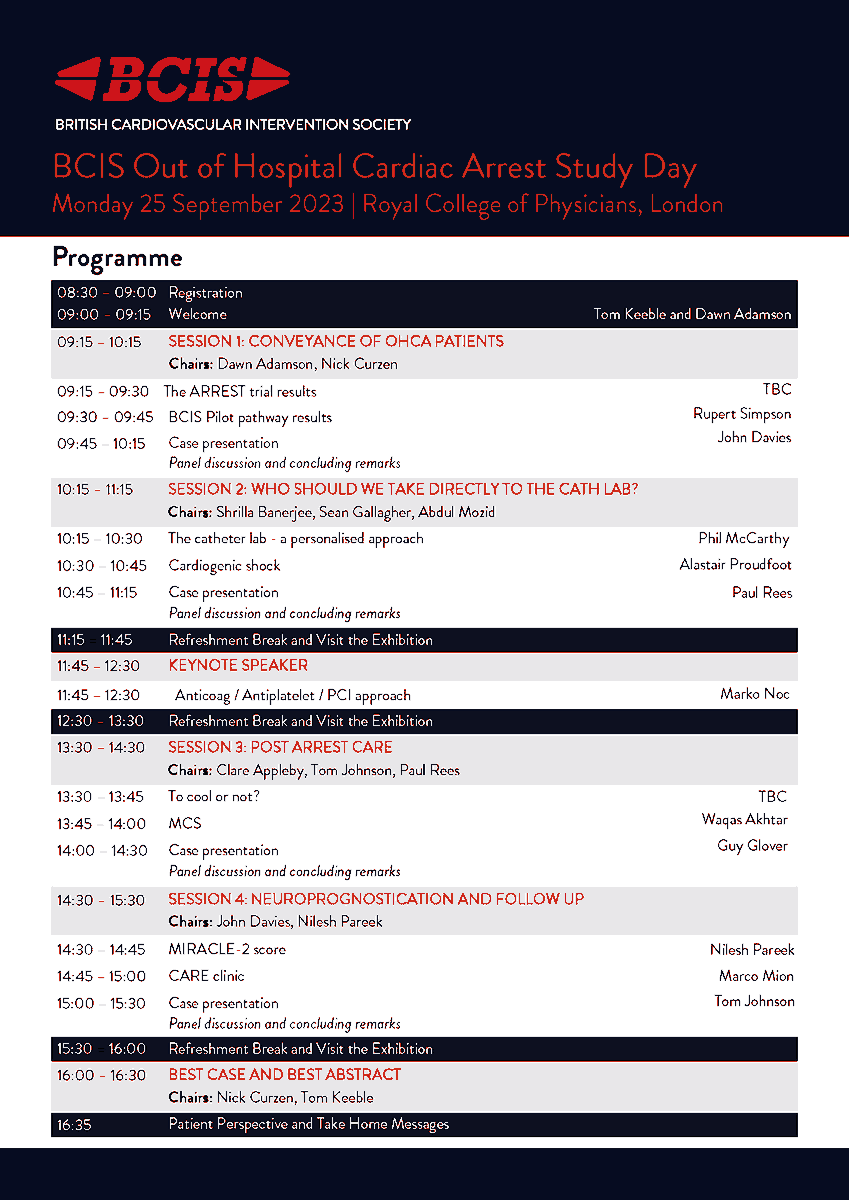 Get a first look at the programme for the @BCIS_uk OHCA Study Day! Faculty includes @DrKeeble @DawnAdamson6 @drR_Simpson @ShrillaB @ammozid @ICUDocAP @DrPaulRees @twj1974 @DrWaqasAkhtar @DrNileshPareek @DrMarcoMion @ncurzen and more! Register here: millbrook-events.co.uk/BCISOHCAStudyD…