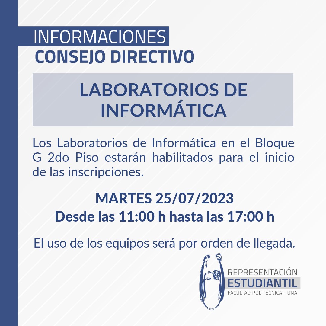 ⭕ INSCRIPCIONES 2023 ⭕
Informamos que estarán habilitados los Laboratorios de Informática en el Bloque G 2do piso para el Inicio de las Inscripciones de mañana Martes 25/07.

Desde Representación Estudiantil estaremos dando soporte a los compañeros que hagan uso de los equipos.