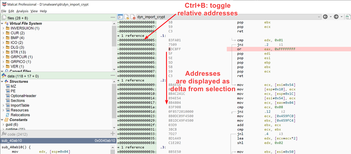 malcat4ever's tweet image. Tip of the week #2: #malcat can display addresses relative to the current selection. Just hit Ctrl+B or using the menu:  View -&amp;gt; Delta addresses.
Useful when computing structure offsets or just #patching a jump !