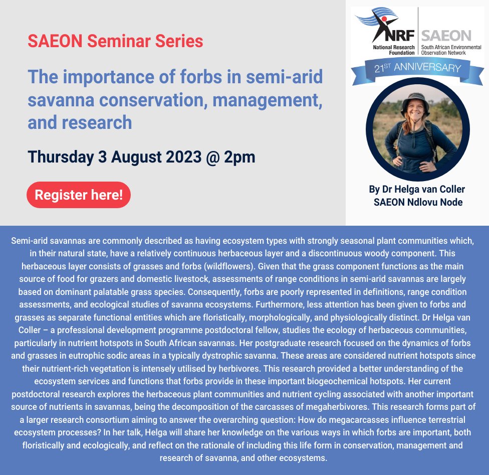 Join us for the NRF SAEON seminar by registering using this link forms.gle/FnjgU6osi8G1HM… to gain insights on the importance of forbs <a href="/NRF_News/">National Research Foundation of South Africa</a> <a href="/SAEON_GSN/">SAEON-GSN</a>