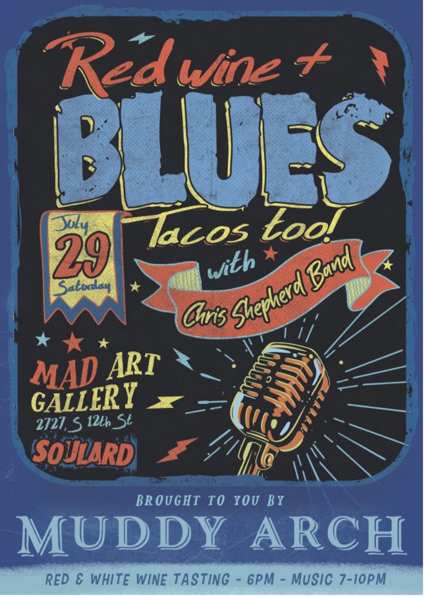 Red, White and Blues!
A wine tasting featuring Muddy Arch, Tacos, and one of the best Blues bands in St Louis, the Chris Shepherd band.  All in an art gallery in a former police station.
Join Leonard Wine Company wine maker Chris Leonard at 6:00 on Saturday July 29! https://t.co/b0NxmlhLJ5