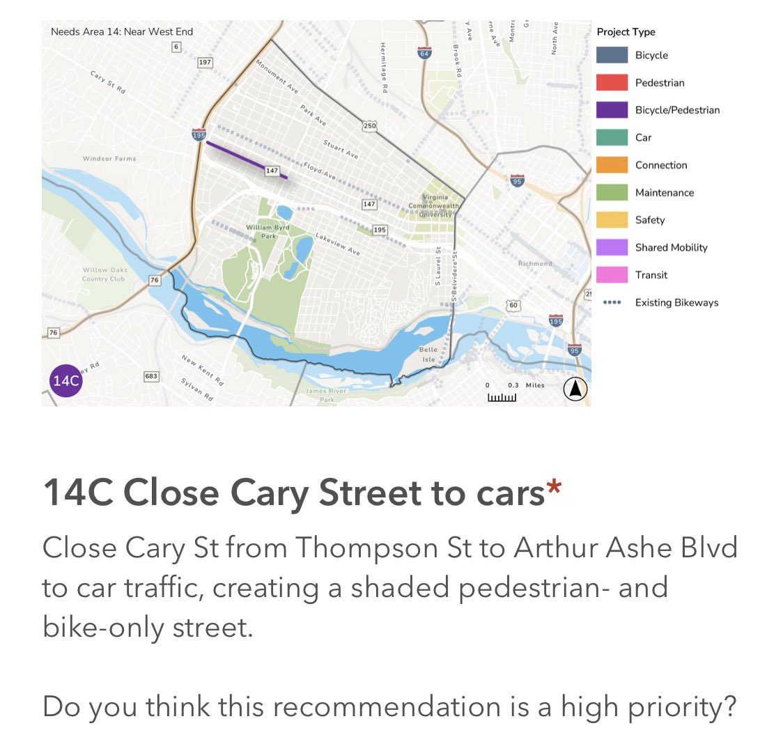 The movement for a #CarFreeCarytown has made it into Richmond Connects—the city’s transportation planning process. If you support a pedestrian promenade in Carytown, then fill out the survey:
survey123.arcgis.com/share/bf087fda…
