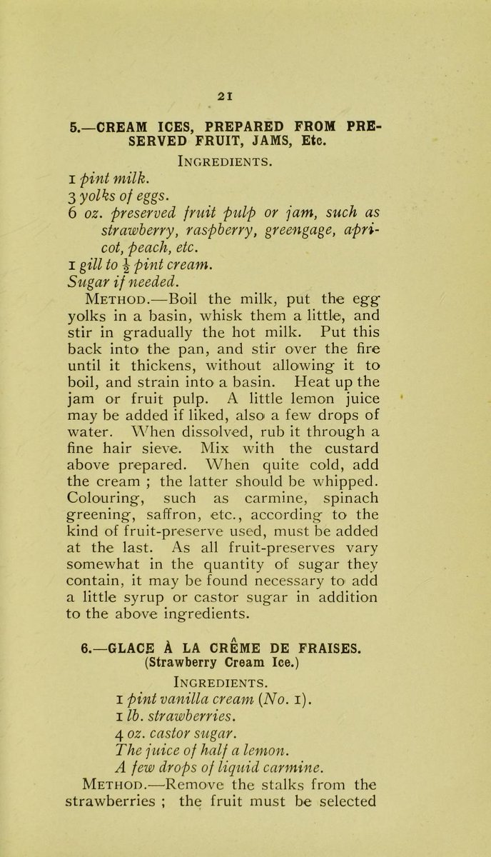 Charles Herman Senn's 1907 'Ices, and how to make them' may not be the most dietary-requirement-friendly collection of recipes but it does all look pretty tasty: archive.org/details/b28093…