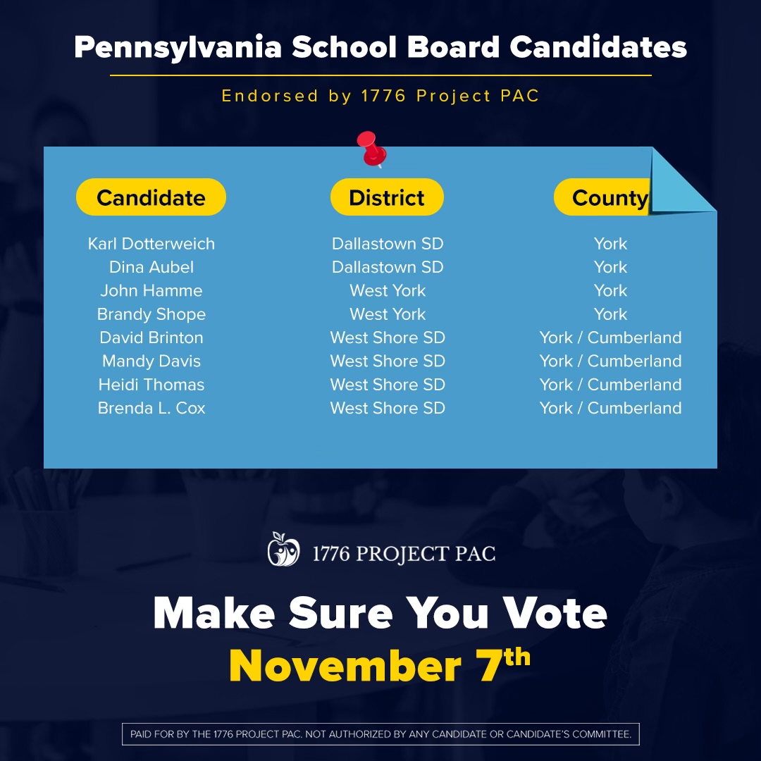 1776ProjectPac's tweet photo. 🚨NEW: We are excited to announce a full slate of endorsed candidates for November's school board elections in the state of Pennsylvania.

2023 is going to be a big year in the fight against CRT and for parental rights.

Get out and vote Nov. 7 for sanity in your school boards👇 https://t.co/3BygV6StCp