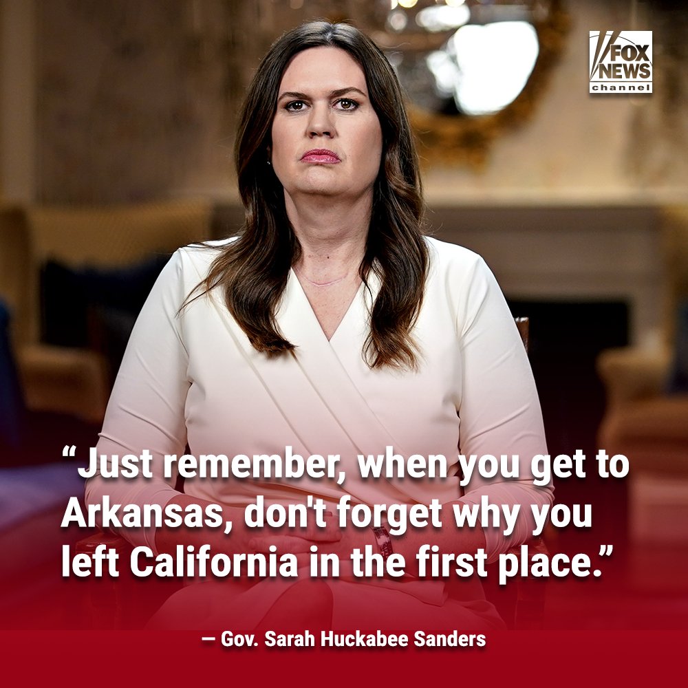Fox News (@foxnews) on Twitter photo Gov. <a href="/SarahHuckabee/">Sarah Huckabee Sanders</a> warns voters fleeing California and New York to remember why they moved away from liberal policies and toward economically-booming red states. Gov. <a href="/SarahHuckabee/">Sarah Huckabee Sanders</a> warns voters fleeing California and New York to remember why they moved away from liberal policies and toward economically-booming red states.