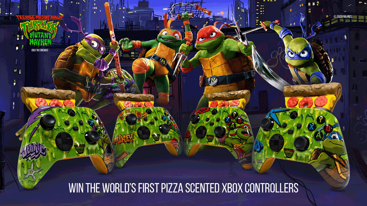 the pizza party never stops with these guys🍕 follow @XboxGamePass & RT this post with #XboxTMNTMoviesweepstakes for a chance to win these TMNT-inspired controllers! be sure to see @TMNTMovie in theatres 8/2/23 in the US! ages 18+. ends 08/13/23. rules: xbx.lv/3OtVY2x