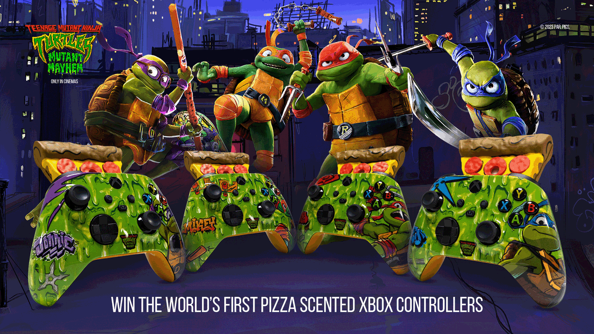 Graphic featuring Teenage Mutant Ninja Turtles-inspired controllers with animated pizza in background. Animated turtles from TMNT Mutant Mayhem movie stand behind their respective controller. Text reads, "Win the world's first pizza scented Xbox controllers." 