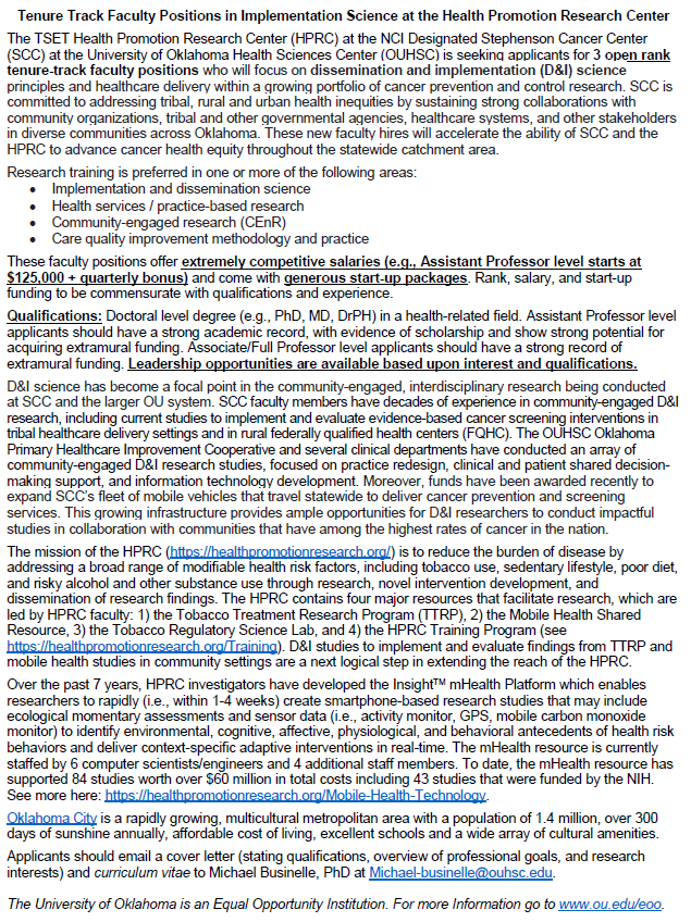 Michael Businelle (@stop_smokin_now) on Twitter photo Now hiring! 3 Implementation Scientists (Assistant Prof salaries start > $125,000; Associate start > $150,000). Details attached. Please RT! <a href="/SBMDigitalHlth/">SBMDigitalHealth</a> <a href="/BehavioralMed/">SBM</a> <a href="/ABCTNOW/">Association for Behavioral and Cognitive Therapies</a> <a href="/AACR/">AACR</a> <a href="/phjobs_org/">Public Health Jobs</a> <a href="/PsychJobs/">Psychology Jobs</a> <a href="/AcademyHealth/">AcademyHealth</a> <a href="/ImpSciUW/">Implementation Science at the Univ of Washington</a> <a href="/ImplementSci/">Implementation Science</a> #ImpSci Now hiring! 3 Implementation Scientists (Assistant Prof salaries start > $125,000; Associate start > $150,000). Details attached. Please RT! <a href="/SBMDigitalHlth/">SBMDigitalHealth</a> <a href="/BehavioralMed/">SBM</a> <a href="/ABCTNOW/">Association for Behavioral and Cognitive Therapies</a> <a href="/AACR/">AACR</a> <a href="/phjobs_org/">Public Health Jobs</a> <a href="/PsychJobs/">Psychology Jobs</a> <a href="/AcademyHealth/">AcademyHealth</a> <a href="/ImpSciUW/">Implementation Science at the Univ of Washington</a> <a href="/ImplementSci/">Implementation Science</a> #ImpSci
