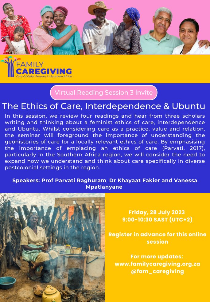 🤝Join our online talk 🤝 Topic: The Ethics of Care, Interdependence & Ubuntu 🗣️ @ParvatiRaghuram, Dr Khayaat Fakier & Vanessa Mpatlanyane 📅 Friday, 28 July 2023 ⏰ 9:00-10.30 SAST 🔗 events.teams.microsoft.com/event/1cf91938…