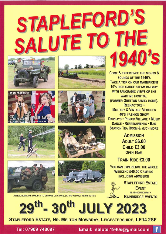 Come and join us for our annual Salute to the 1940s!
There is something for all the family at this one:
💥Battle Demonstration - with Stuart Light Tank!
🐴Bomber the Shire Horse
🚂Miniature Steam Railway
👗40s Fashion Show
🎷Live Music
🍦Lots of food, drink and ice cream