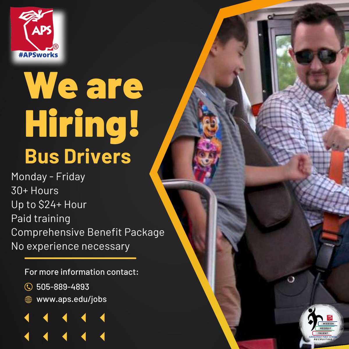 Join us this coming Friday, July 28th at the APS Westside Transportation Center (7301 Los Volcanes Rd NW) from 10 am - 12 noon.

HIRING ON THE SPOT!

Bus Drivers
SUV Drivers
Bus Attendants

#APSworks #BusDriverJobs @sAPSrecruitment @ABQschools