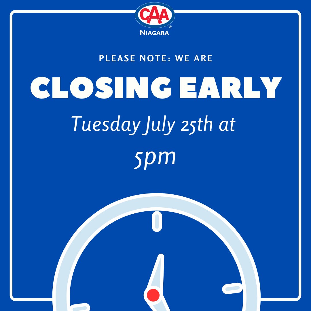 We will be closing some of our offices a little earlier than usual on Tuesday July 25th to gather for our annual staff BBQ! 🍔🍗 See hours of operation below:
Pen Centre &amp; Welland locations - Open 9am - 5pm (Adjusted hours)
Niagara Falls &amp; Grimsby locations - Open 9am - 5pm