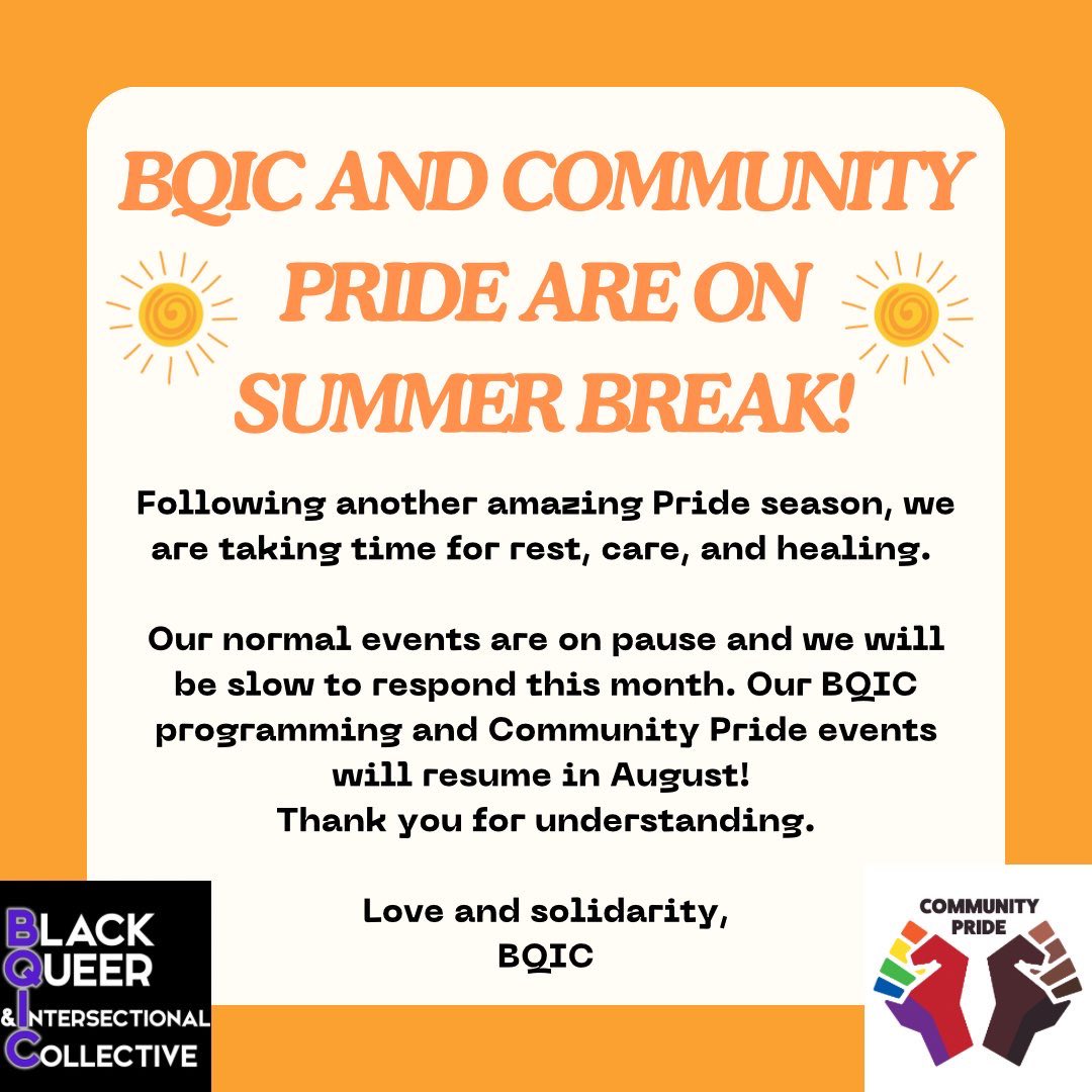 IMPORTANT ANNOUNCEMENT: BQIC and Columbus Community Pride are on summer break for the month of July! We will resume our regular programming in August, with the exception of Free Resource Friday which will be this Friday from 4-6pm. Thank u for understanding, c ya soon 💜🫡