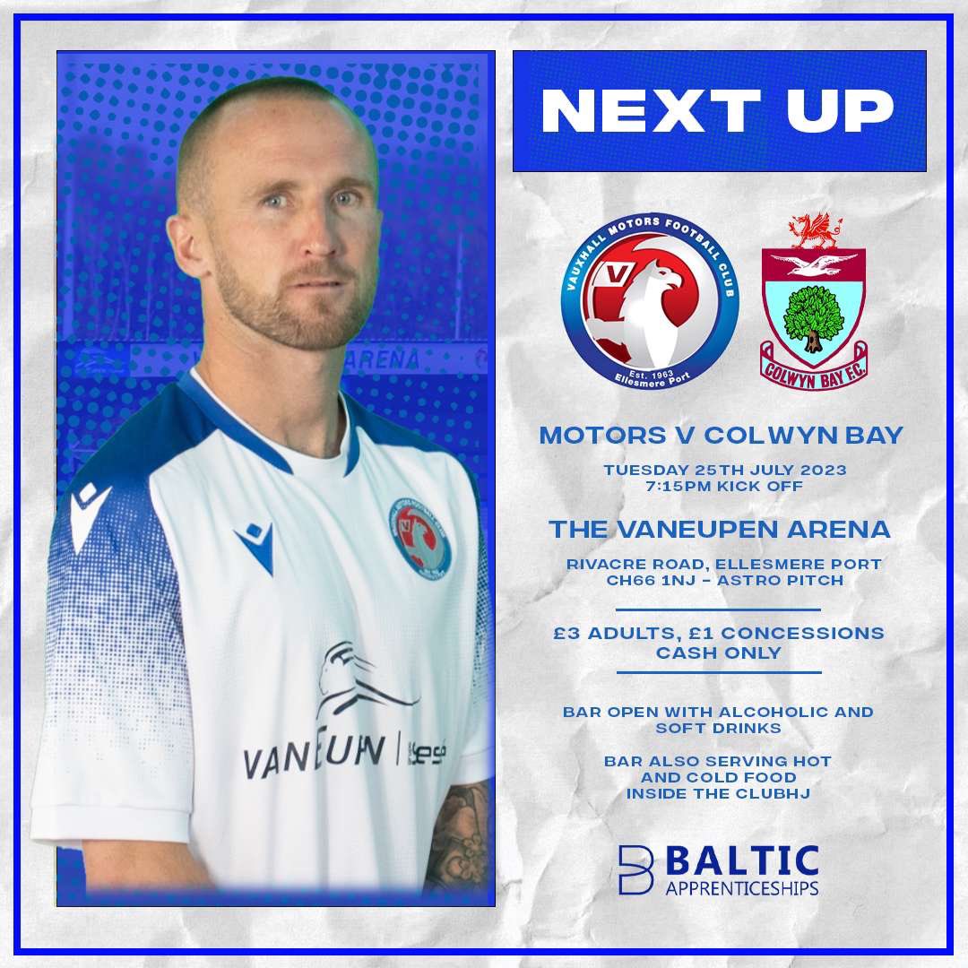 NEXT UP FOR MOTORS! Tomorrow evening, @ColwynBayFC visit Ellesmere Port! Get your midweek football fix in as McGraa’s Motors pre-season continues. #COYM | @BalticTraining ⚪️