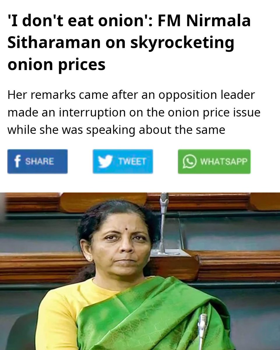 Chempulari's tweet image. ഞാൻ ഉള്ളി തിന്നാറില്ല അതുകൊണ്ട് ഉള്ളിവില വർദ്ധനവ് എന്നെ ബാധിക്കില്ല:കേന്ദ്ര മന്ത്രി

നിങ്ങൾ തക്കാളി തിന്നുന്നത് നിർത്തിയാൽ വില താഴും. തക്കാളിക്ക് പകരം നാരങ്ങ 
കഴിക്കൂ: യു.പി മന്ത്രി.