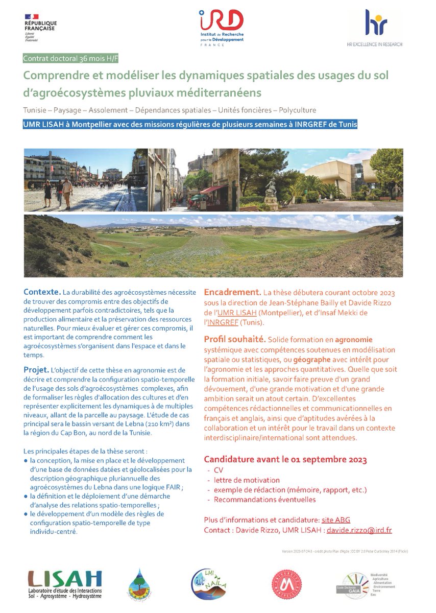 #OffredeThèse Qui m'aide à la diffuser ?

🎓 #Agronomie systémique ou #géographie avec intérêt pour approches quantitatives

🌍 Basée à #Montpellier avec séjours réguliers en #Tunisie

⌛ Candidature avant le 1 septembre

🔎 Plus d'infos : abg.asso.fr/fr/candidatOff…