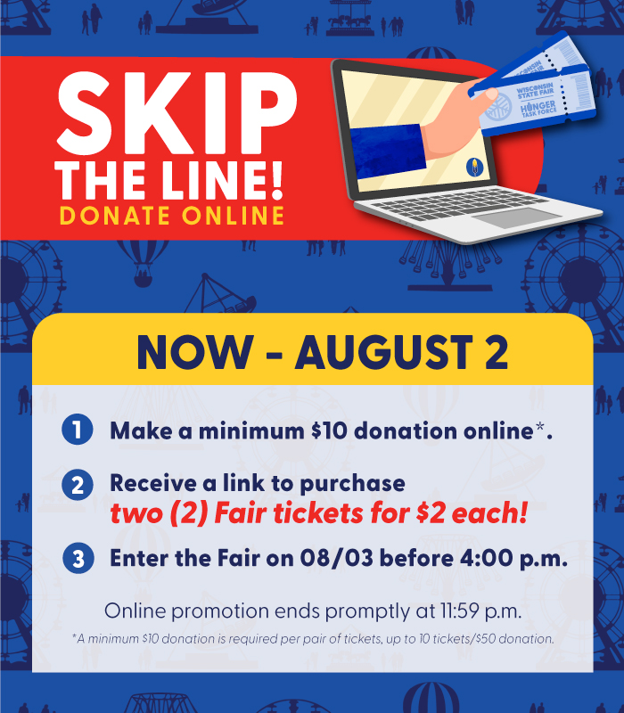 hungertaskforce's tweet image. Only 9 days left to snag your $2.00 tickets for Opening Day at @wistatefair – donate online and SKIP THE LINE! Promotion ends August 2, get yours today. #wistatefair
👉hungertaskforce.org/state-fair 👈