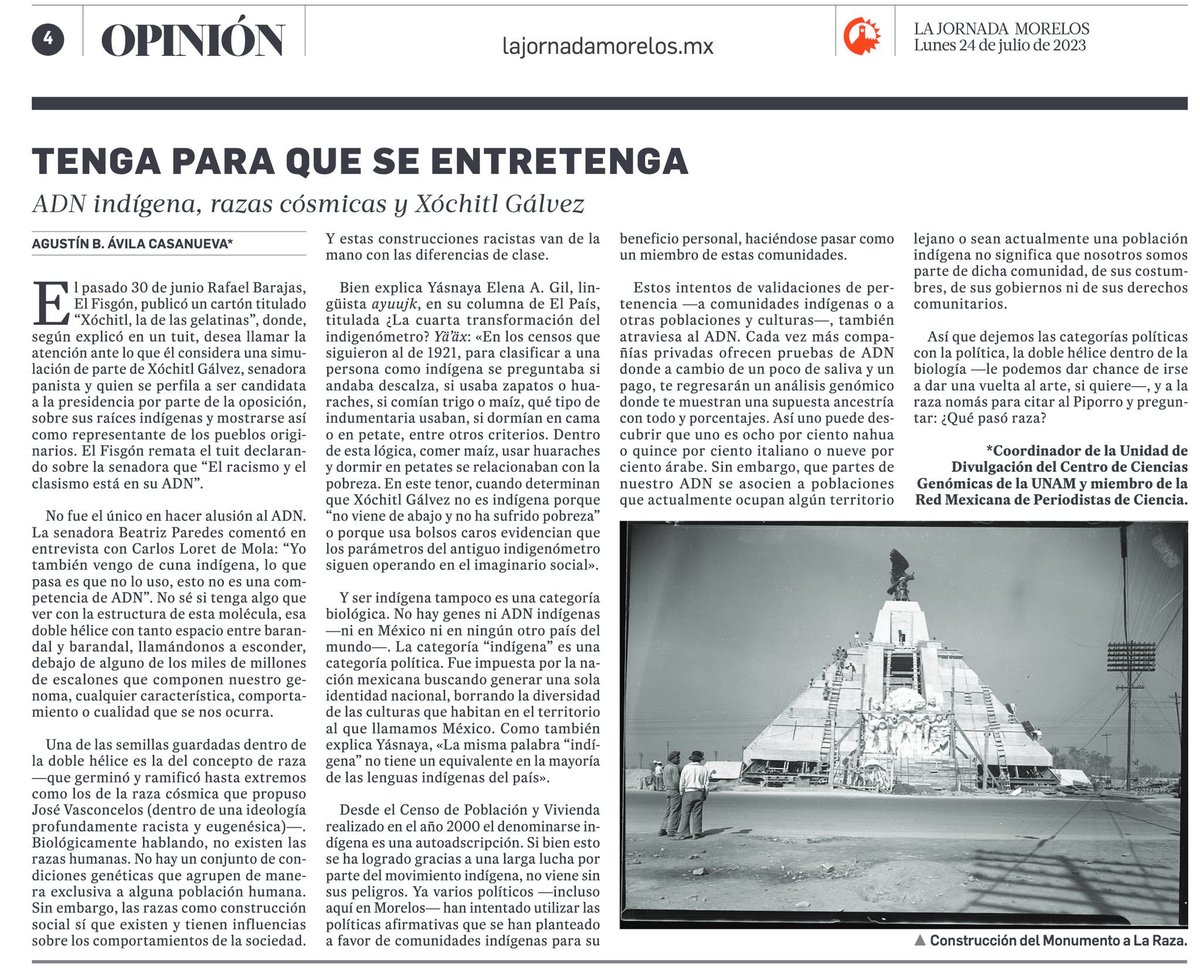 ElAgusdeKomodo's tweet photo. Ya es lunes y ya se nos fue el pajarito. Mucho se habla sobre si Xóchitl Gálvez tiene ADN indígena o genes indígenas.

¿Qué conllevan este tipo de afirmaciones? Lo discutimos hoy en mi columna para la @MorelosJornada 

Tengan para que se entretengan.

https://t.co/rqnRoM7mWB https://t.co/I7PutQrIpu